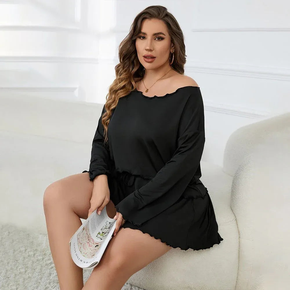 Simple-style Plus-size Loungewear Set Summer Ruffled-edge Long-sleeve Top And Cropped Pants