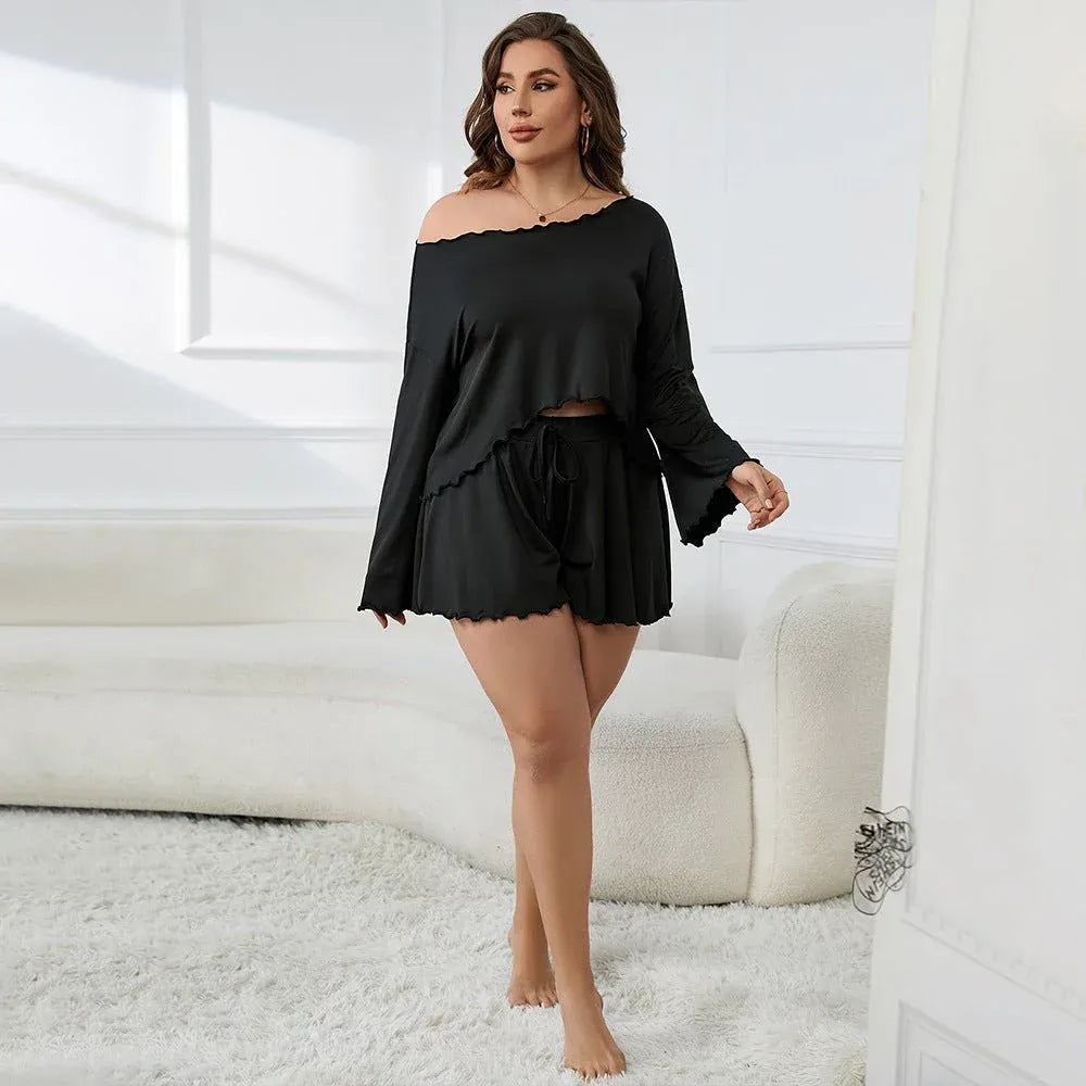 Simple-style Plus-size Loungewear Set Summer Ruffled-edge Long-sleeve Top And Cropped Pants